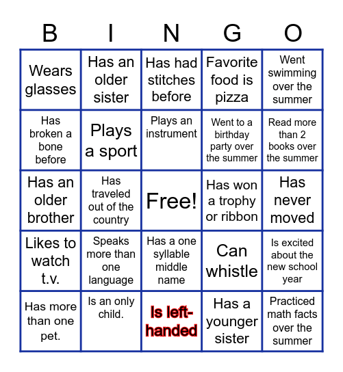 Back to School Bingo Card