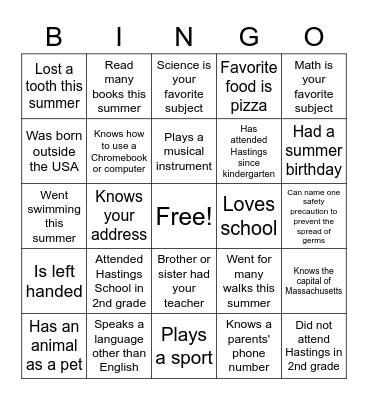 Meet & Greet Classmates Bingo Card