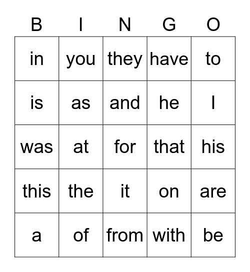 Fry 1-25 Bingo Card
