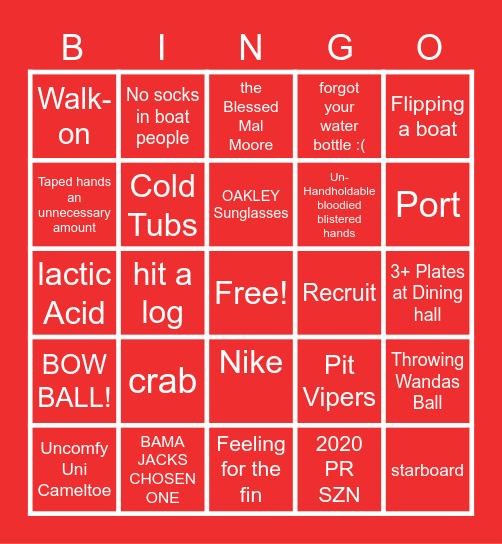 Rowing BINGO Card