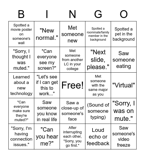 Virtual Peer Mentor Training BINGO Card