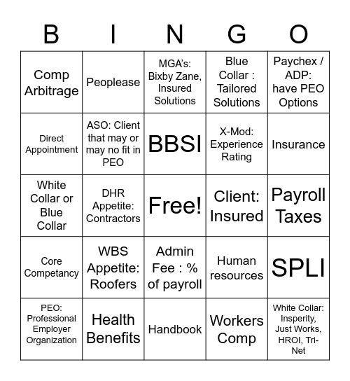 PEO 101 Bingo Card