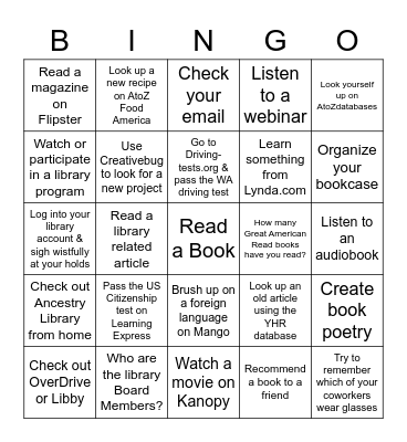 Library Quarantine Activities Bingo Card