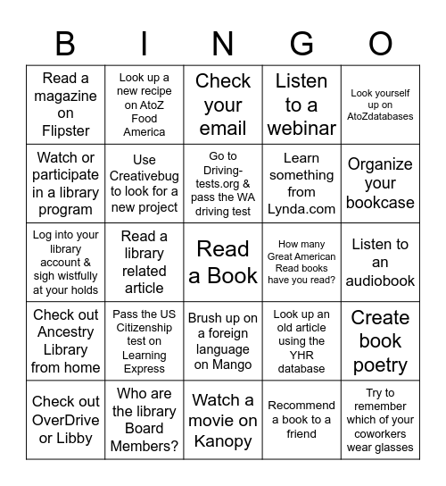 Library Quarantine Activities Bingo Card