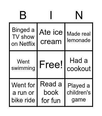 Summer Fun Bingo Card