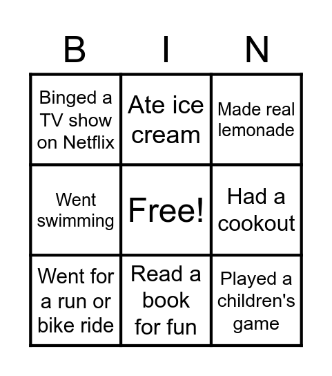 Summer Fun Bingo Card