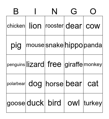 animals Bingo Card