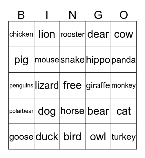 animals Bingo Card