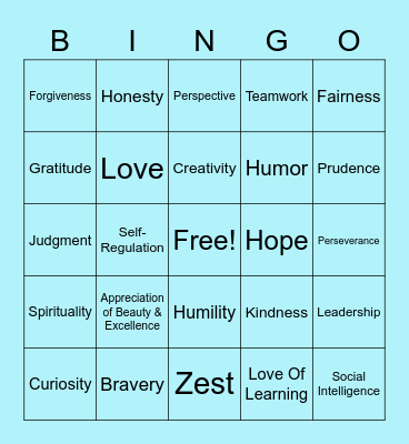 Character Strengths Bingo Card