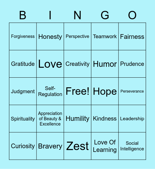 Character Strengths Bingo Card