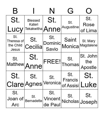 Saints Bingo Card