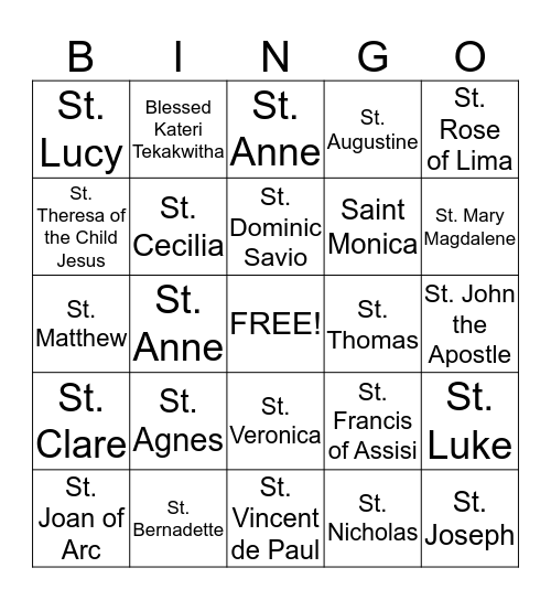 Saints Bingo Card