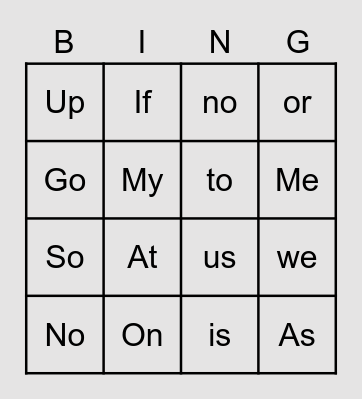 Two Letter Words Bingo Card