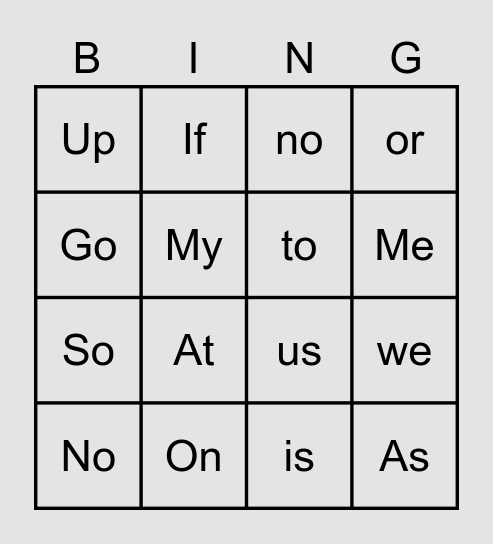 Two Letter Words Bingo Card