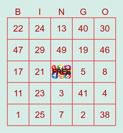 Numbers 1-50 Bingo Card