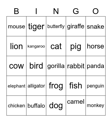 Animals Bingo Card