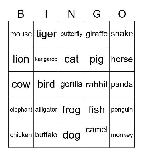 Animals Bingo Card