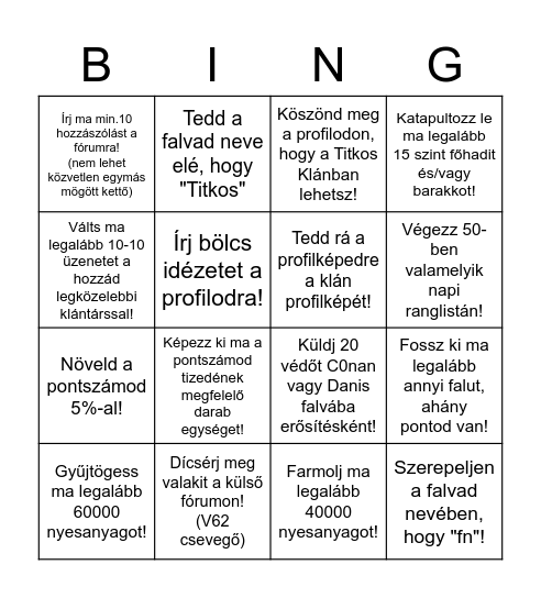 Titkos Bingo Card