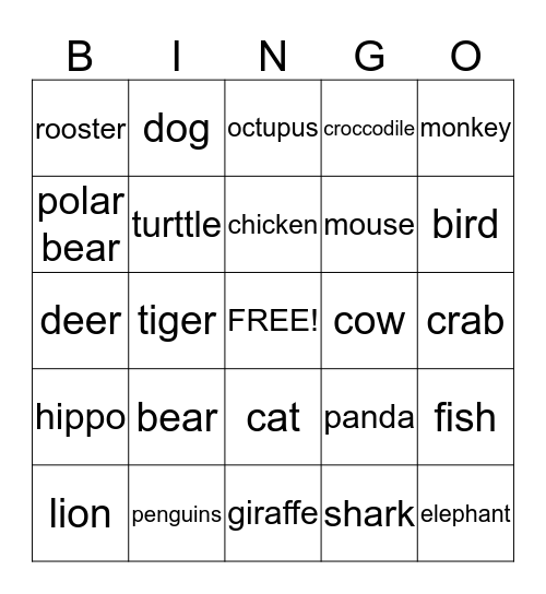 animals Bingo Card
