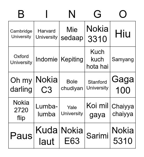 Punya Lili Bingo Card