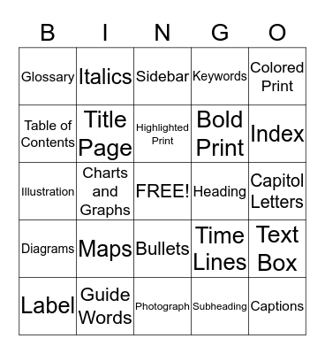 Nonfiction Text Features Bingo Card