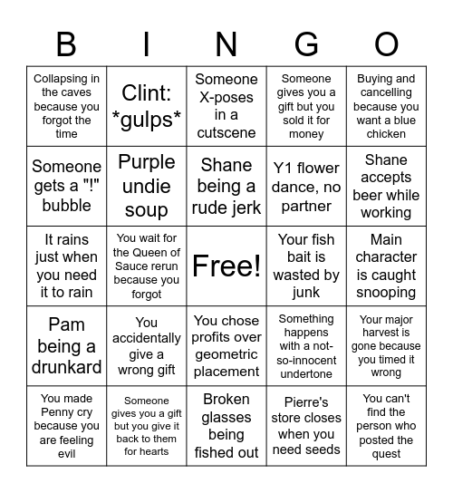 The Stardew Valley Bingo Card