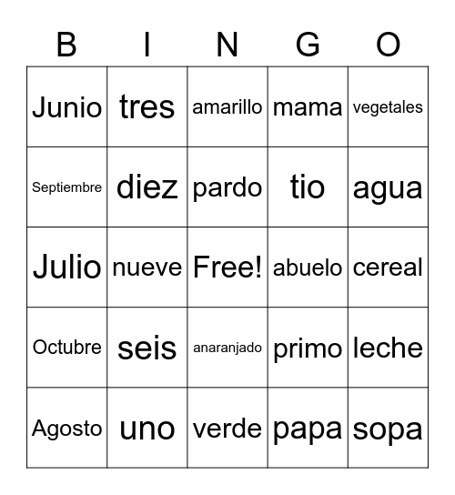 Spanish Review Bingo Card