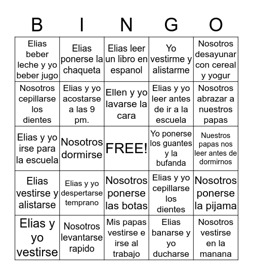 Ellen y Elias verbos reflexivos y verbos regulares en  pasado Bingo Card
