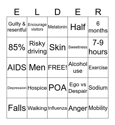 Elder Adult "Bingo" by Lynzie W, Lindsey F, Abbey M, & Blake M Bingo Card