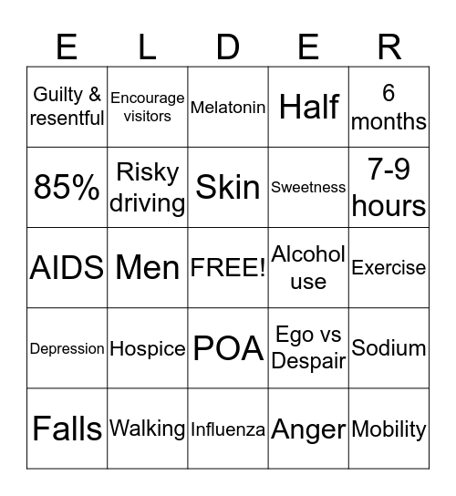 Elder Adult "Bingo" by Lynzie W, Lindsey F, Abbey M, & Blake M Bingo Card