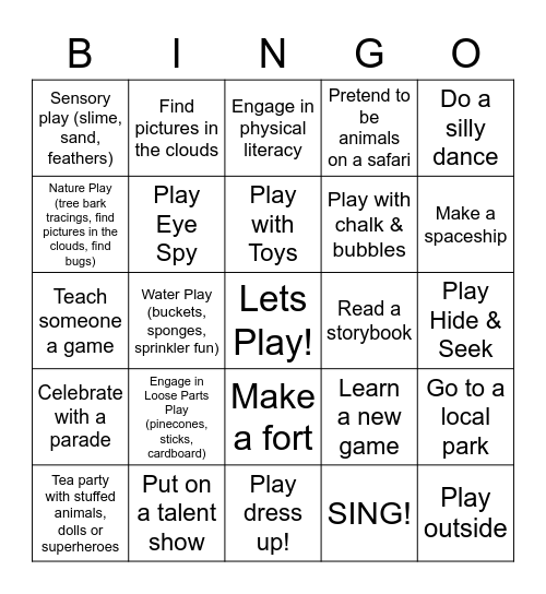 National Play Day- Aug 5th, 2020 Bingo Card