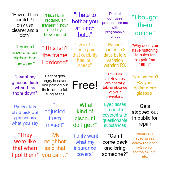 OPTICIAN BINGO Card