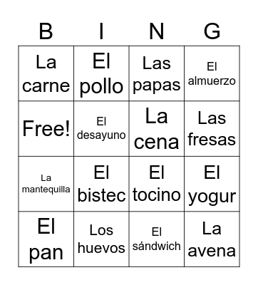 Food Bingo Card