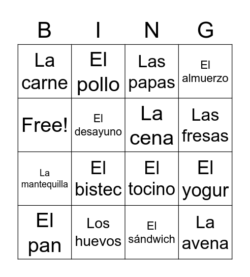 Food Bingo Card