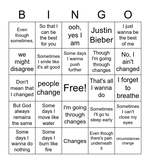 Changes - Justin Bieber - Bingo Card