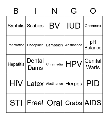 Sexual Health Bingo Card