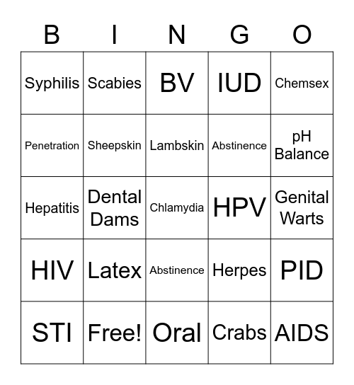 Sexual Health Bingo Card