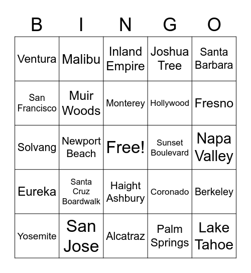 California Bingo Card