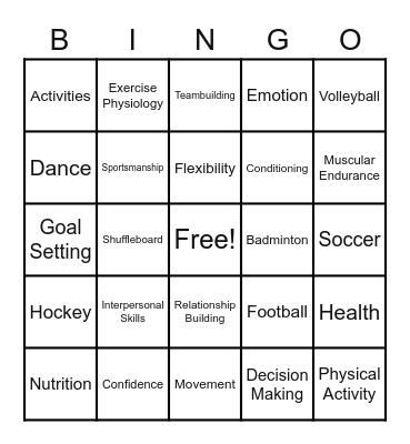 Introduction to Physical Education Bingo Card
