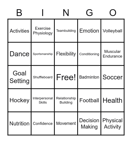 Introduction to Physical Education Bingo Card