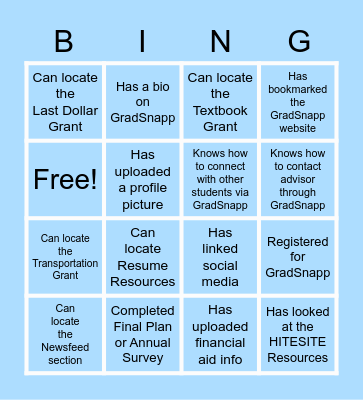 GradSnapp Bingo Card