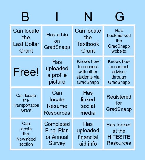 GradSnapp Bingo Card