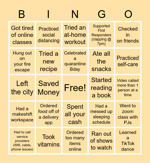 Quarantine Bingo Card