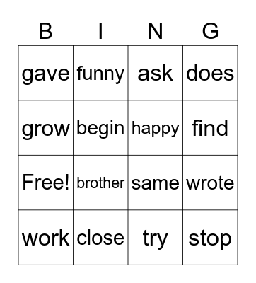 Sight Words Bingo Card