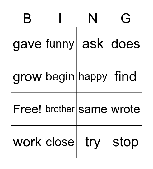 Sight Words Bingo Card