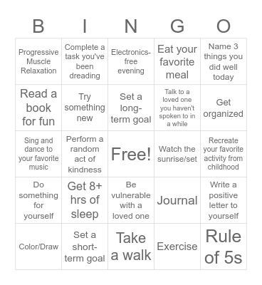 Mental Health Bingo Card