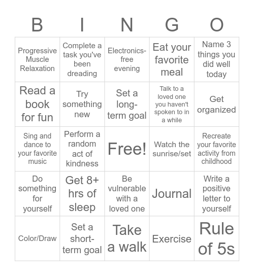 Mental Health Bingo Card