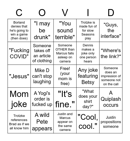 GenCon 2020 Bingo Card