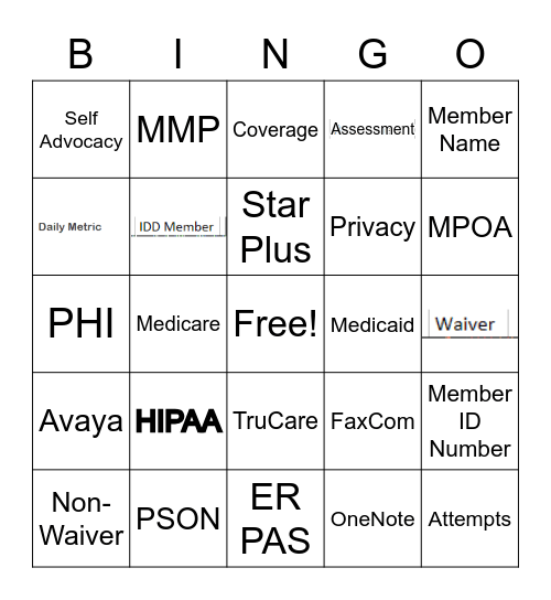 Health Insurance Bingo Card