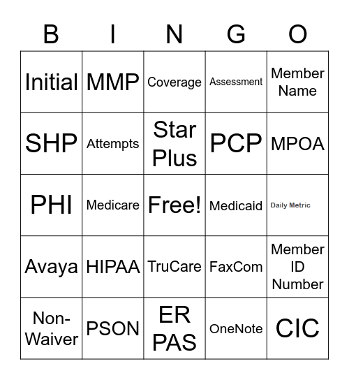 Health Insurance Bingo Card